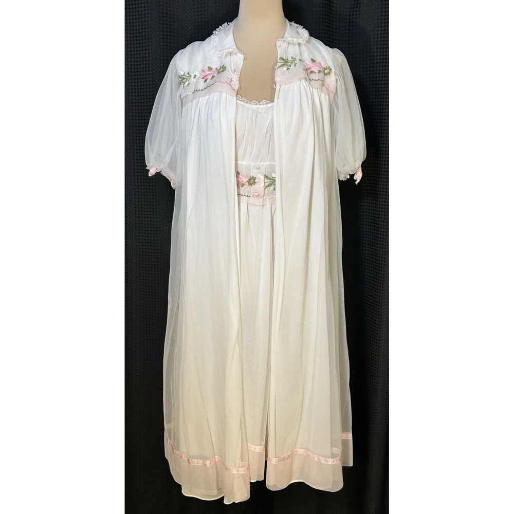 Vtg Miss Siren Double Chiffon Lace Roses Lingerie Nightgown Peignoir Robe Set M